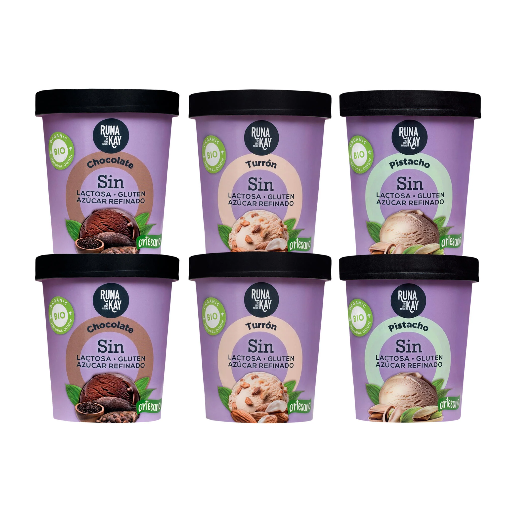 Pack Mix Helado Artesano Eco Sin Gluten Sin Lactosa Ni Azúcar Refinado Chocolate, Pistacho, Turrón Runakay 6x460ml/400g
