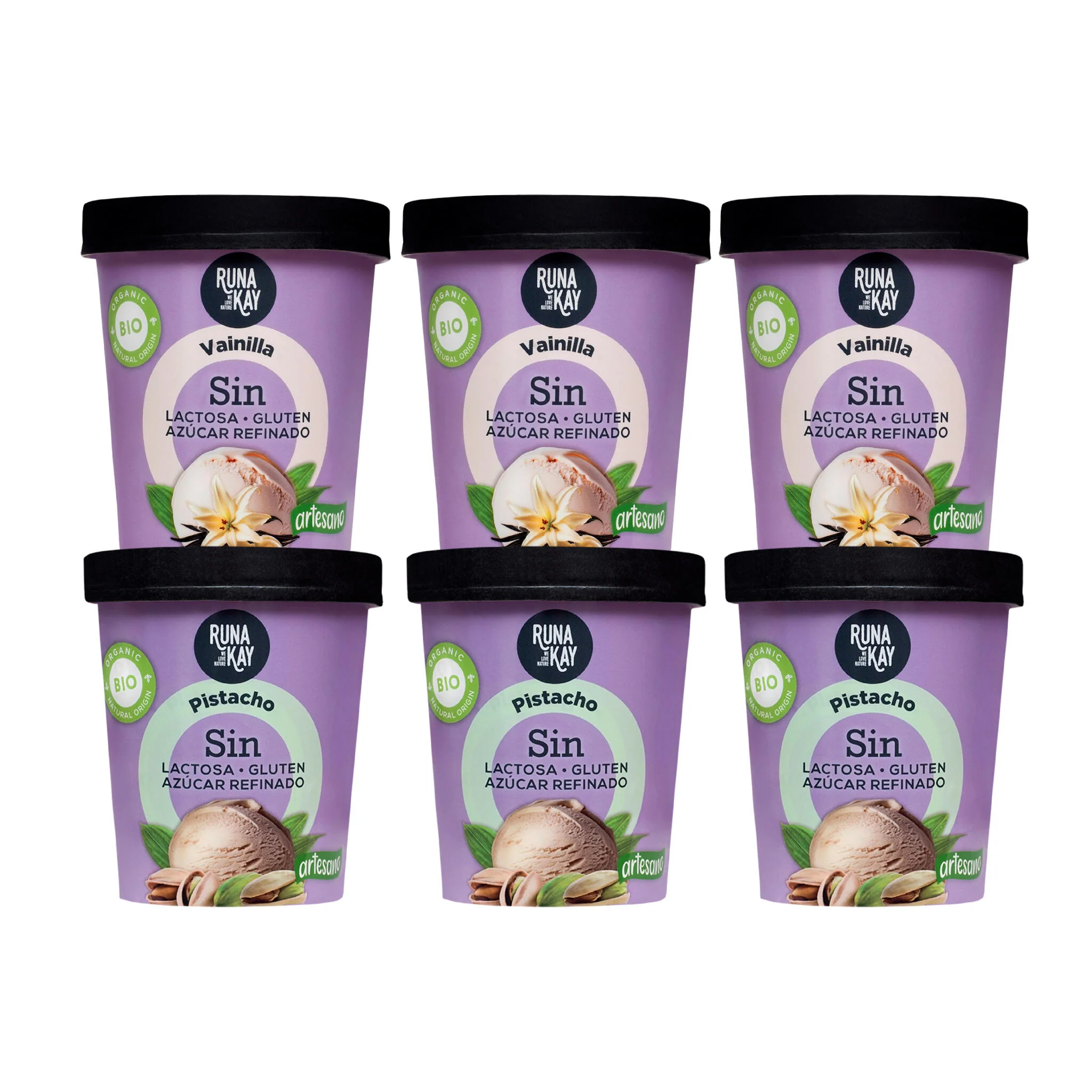 Pack Mix Helado Artesano Eco Sin Gluten Sin Lactosa Ni Azúcar Refinado Pistacho, Vainilla Runakay 6x460ml/400g