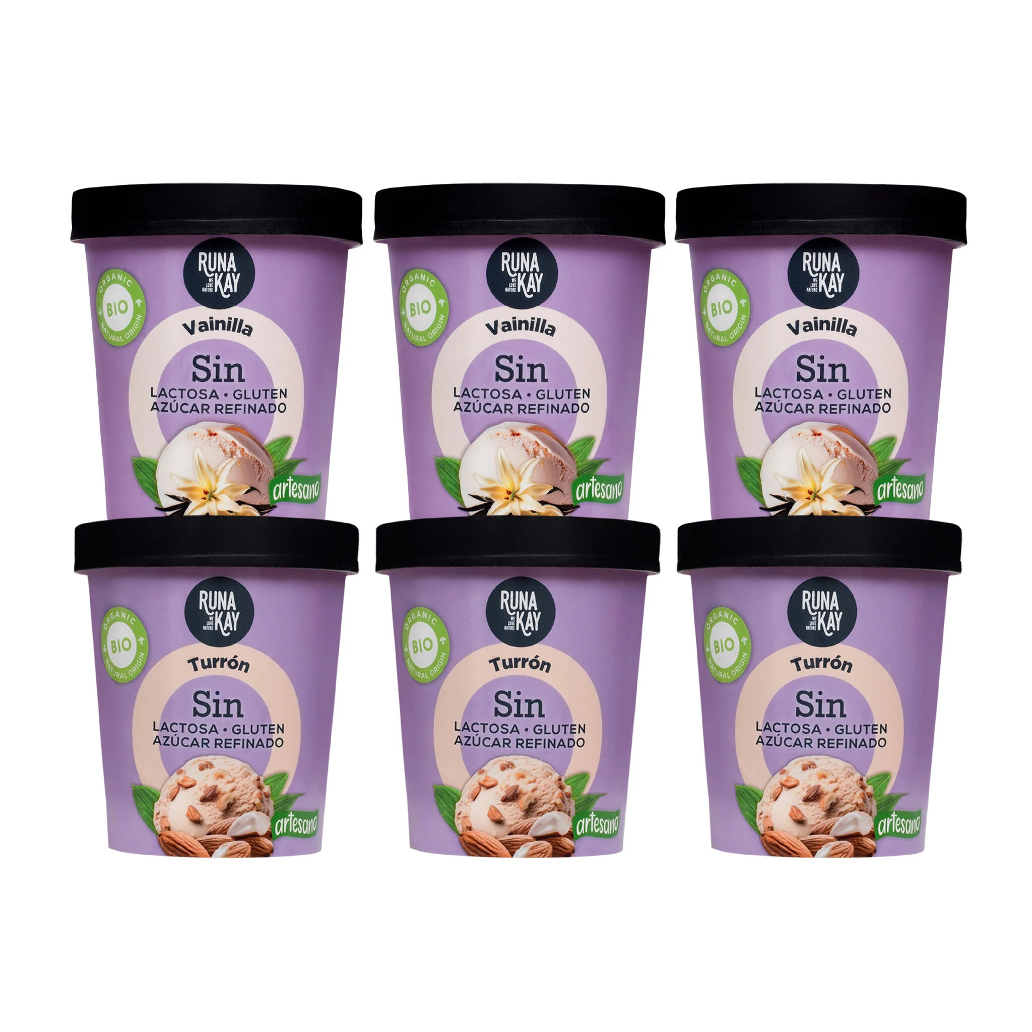 Pack Mix Helado Artesano Eco Sin Gluten Sin Lactosa Ni Azúcar Refinado Vainilla, Turrón Runakay 6x460ml/400g