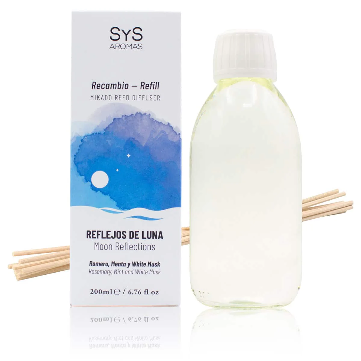 Recambio Mikado Reflejos de Luna 200 ml con Varillas | Aroma Floral y Sofisticado | Refill Difusor | Larga Duració