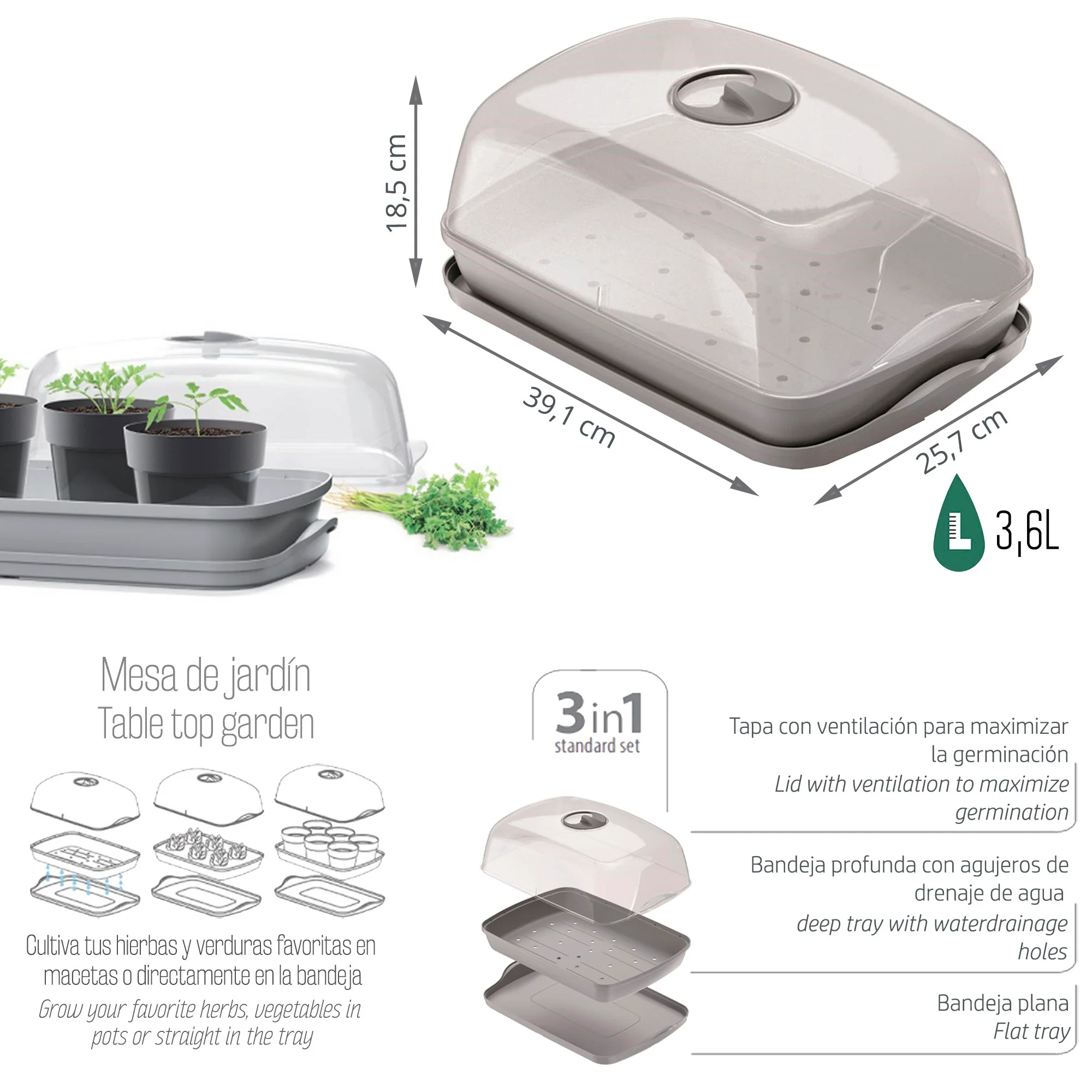 Semillero/bandeja Multiusos Con Tapa De Policarbonato Respana Table Greenhouse 3,6l., Dimensiones (mm) 391x257x185, Color Gris Piedra - Image 3