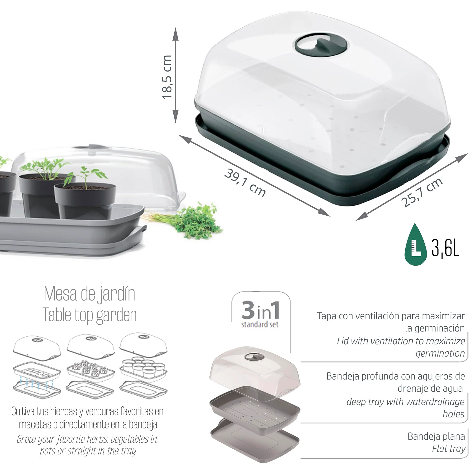 Semillero/bandeja Multiusos Respana Table Greenhouse 3,6l., Dimensiones (mm) 391x257x185, Color Antracita - Image 3
