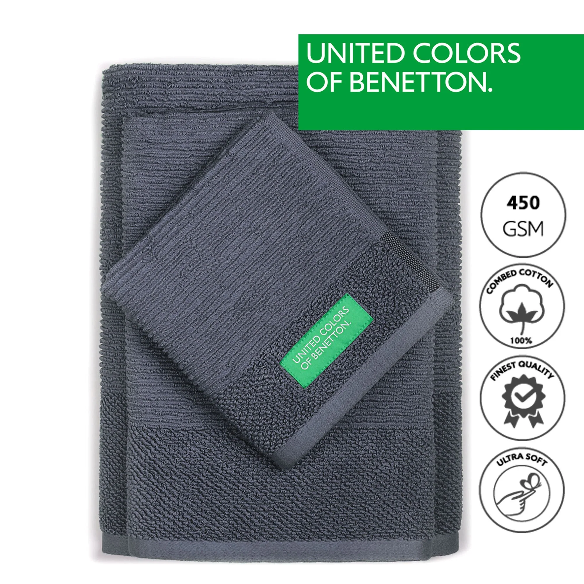 Set 3pcs Toallas De Baño (30x50+50x90+70x140cm) 450 Gsm 100%algodon Gris Oscuro Casa Benetton - Image 2