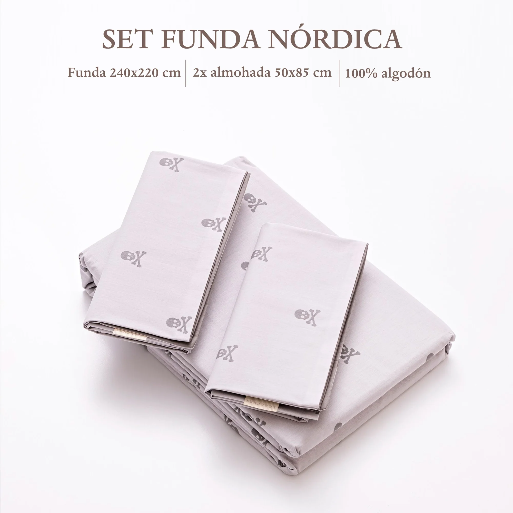 Set Cama (funda Nórdica 240x220 + 2 Fundas Almohada 50x85cm) 100% Algodón Gris Oscuro & Gris Claro Calaveras Scalpers Home - Image 2