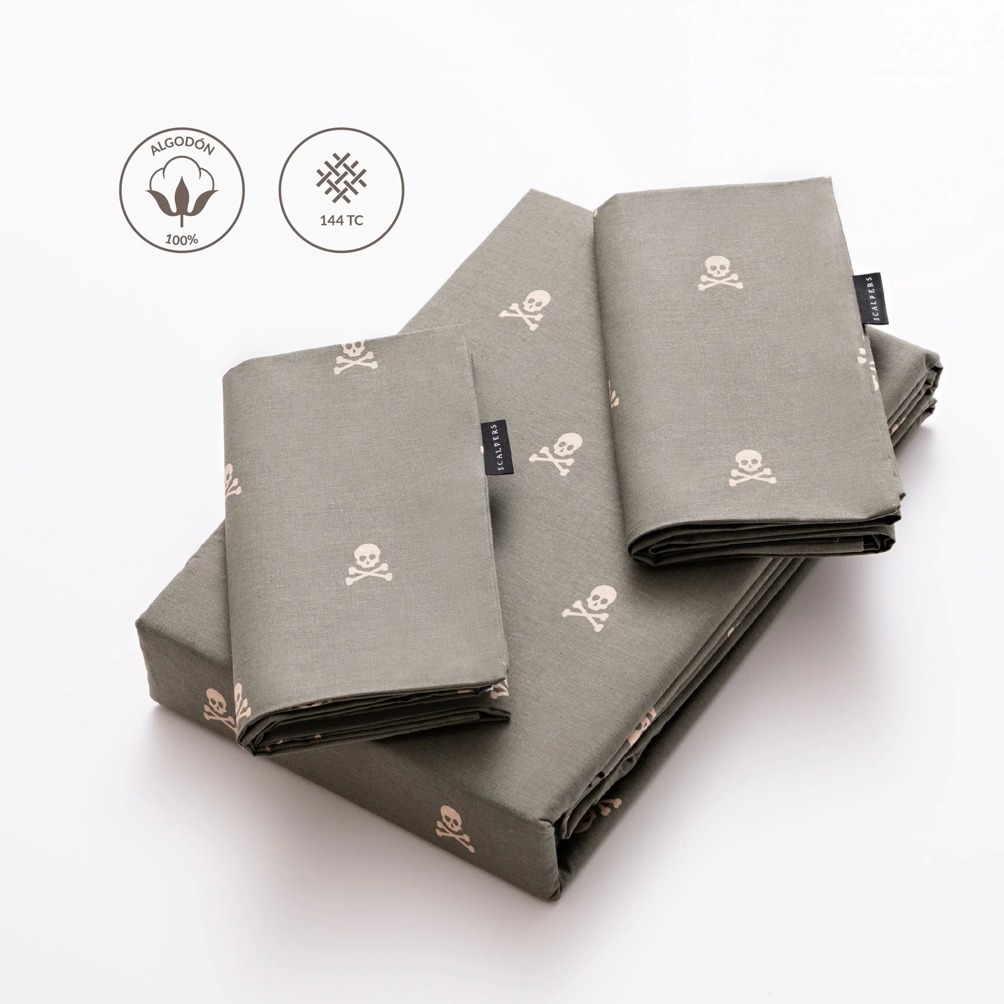 Set Cama (funda Nórdica 250x230cm + 2 Fundas Almohada 50x85cm) 100% Algodón 144tc Beige & Khakhi Calaveras Scalpers Home - Image 2