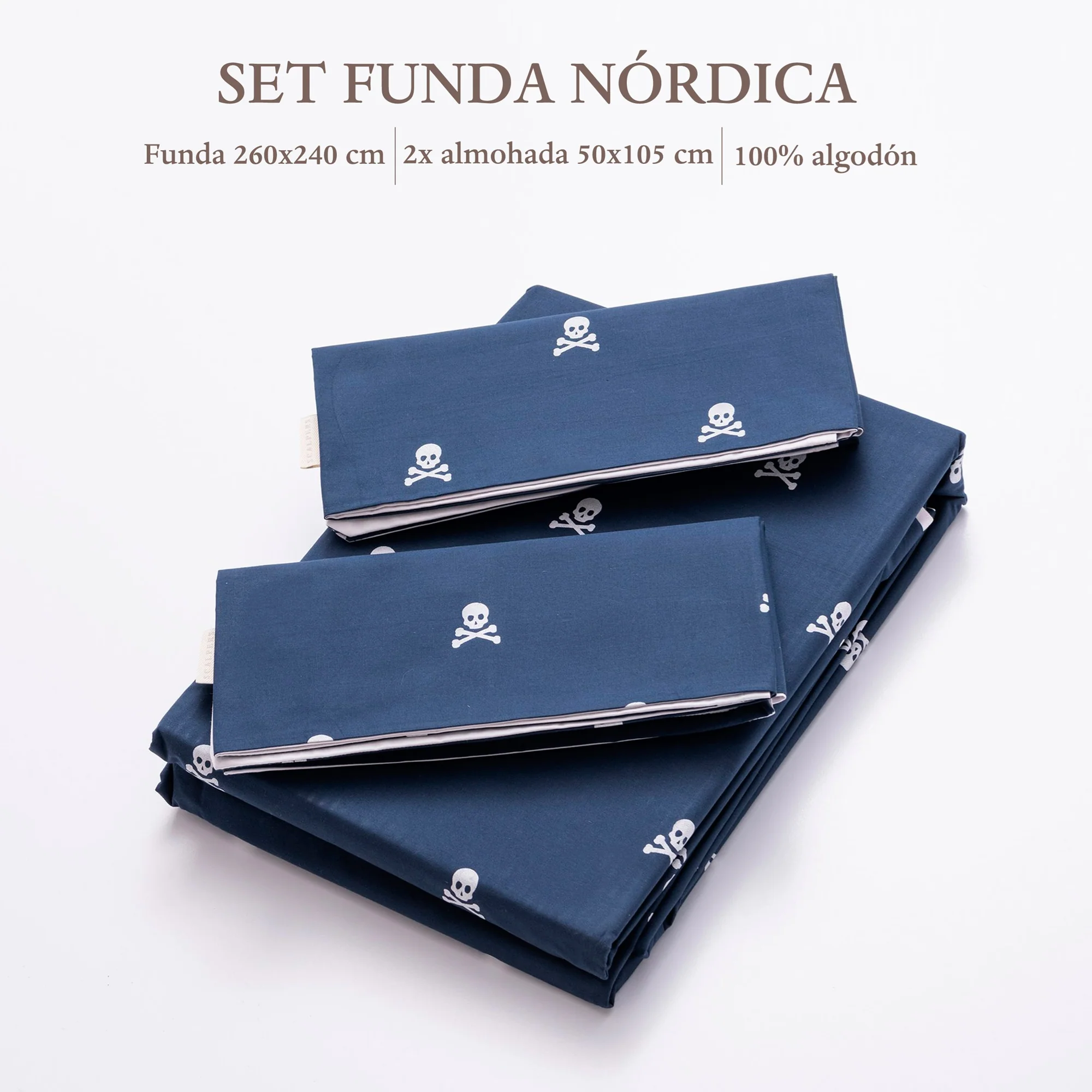 Set Cama (funda Nórdica 260x240cm + 2 Fundas Almohada 50x105cm) 100% Algodón Navy Calaveras Scalpers Home - Image 2