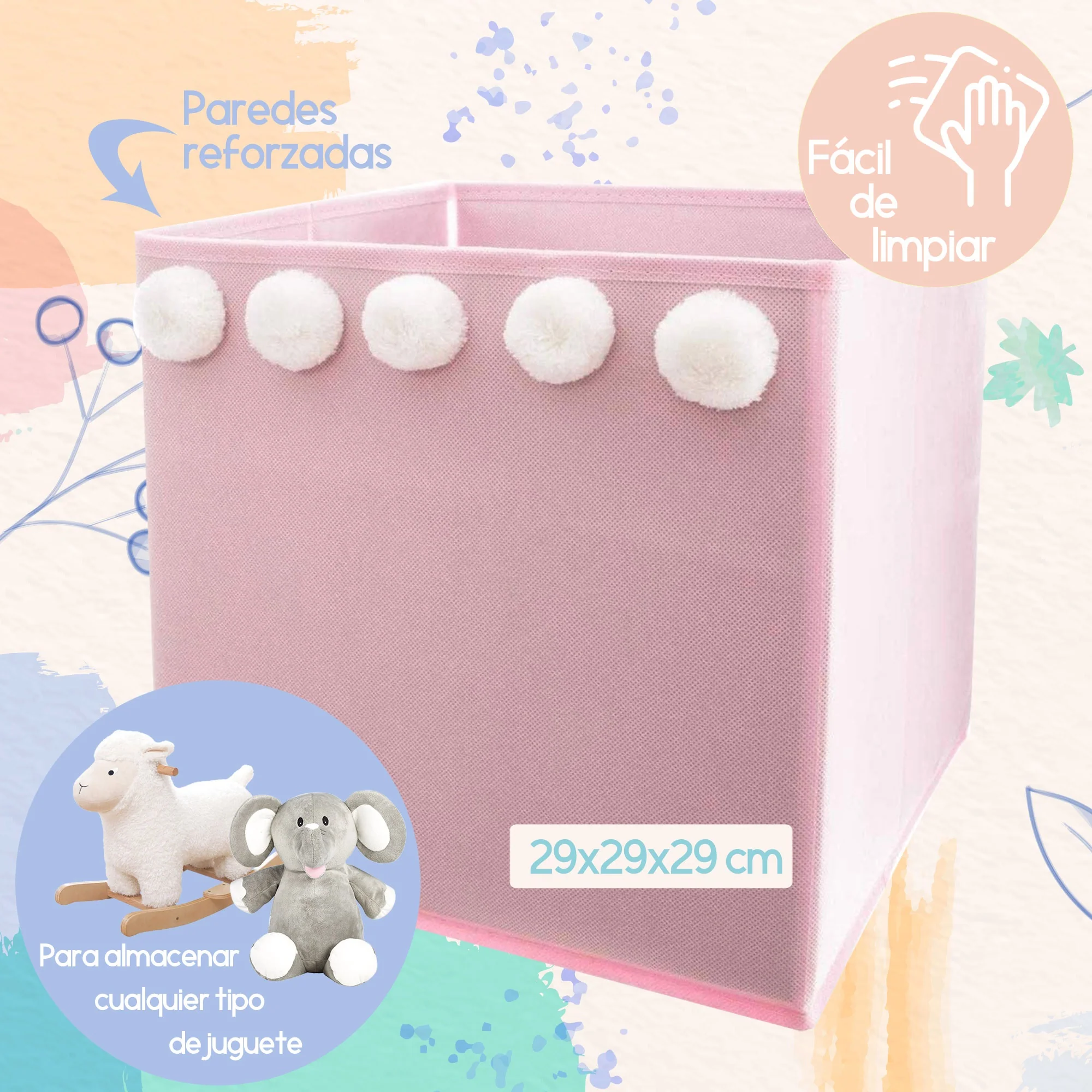 Set De 3 Cajas De Almacenamiento Infantil Con Pompones Color Rosa - 29 X 29 X 29 Cm - Image 2