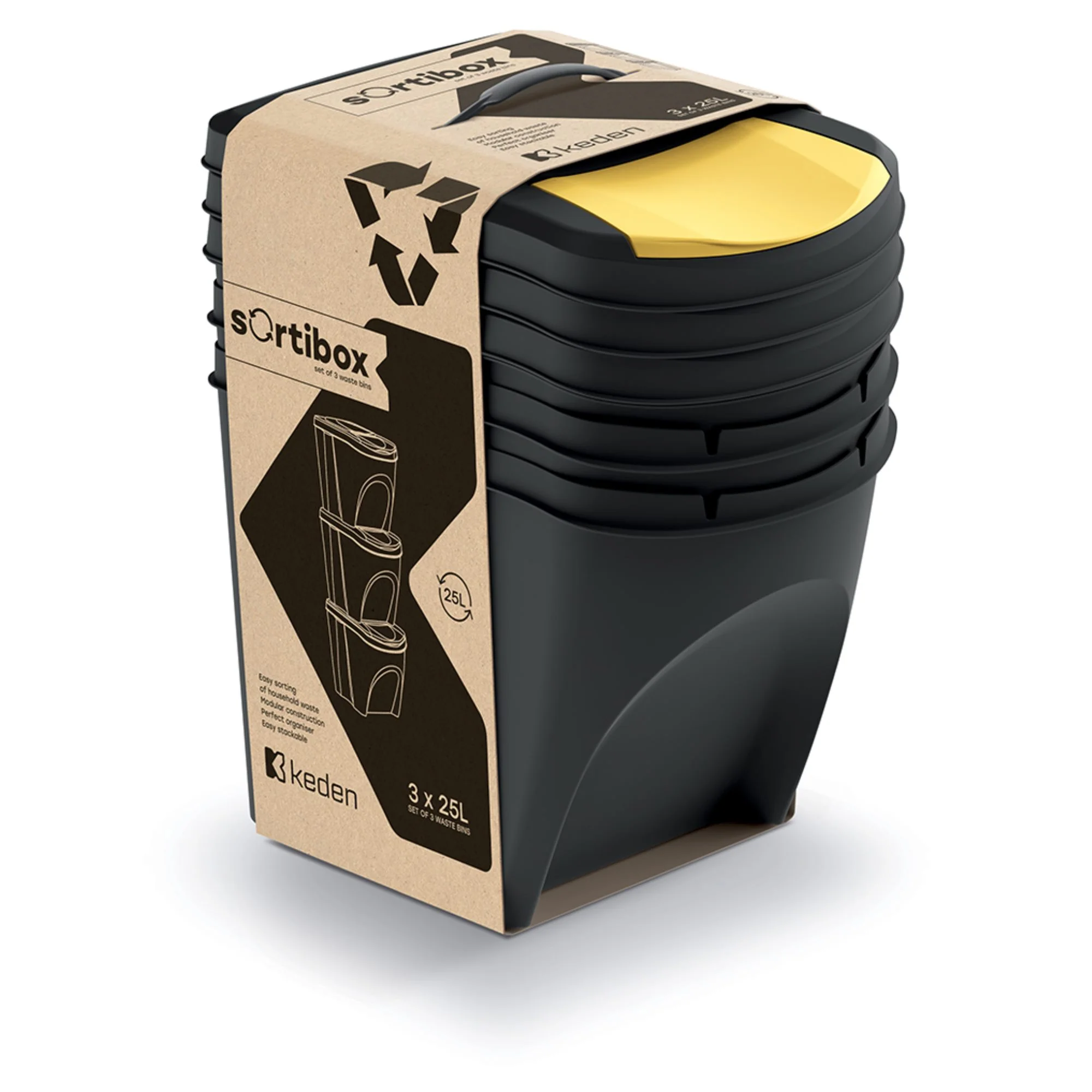 Set De 3 Cubos De Basura Keden Sortibox 100% Plástico Reciclado, Negro, Volumen 3x25l - Image 2