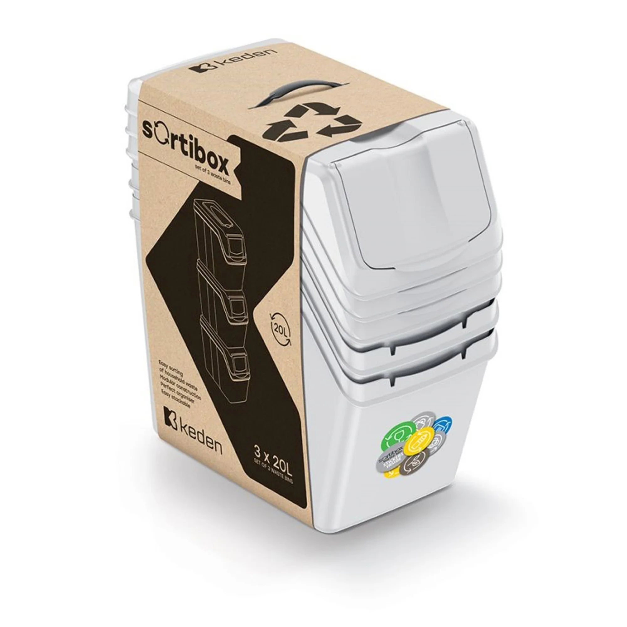 Set De 3 Cubos De Basura Keden Sortibox Para Reciclado, Blanco Roto, Volumen 3x20l - Image 4