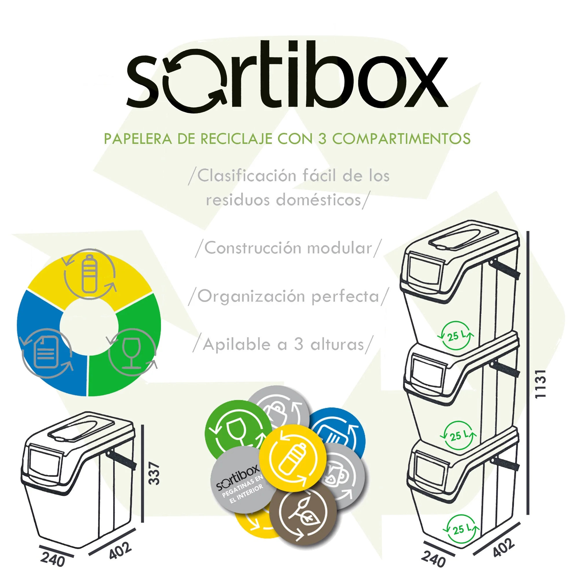 Set De 3 Cubos De Basura Keden Sortibox Para Reciclado, Gris, Volumen 3x25l - Image 4