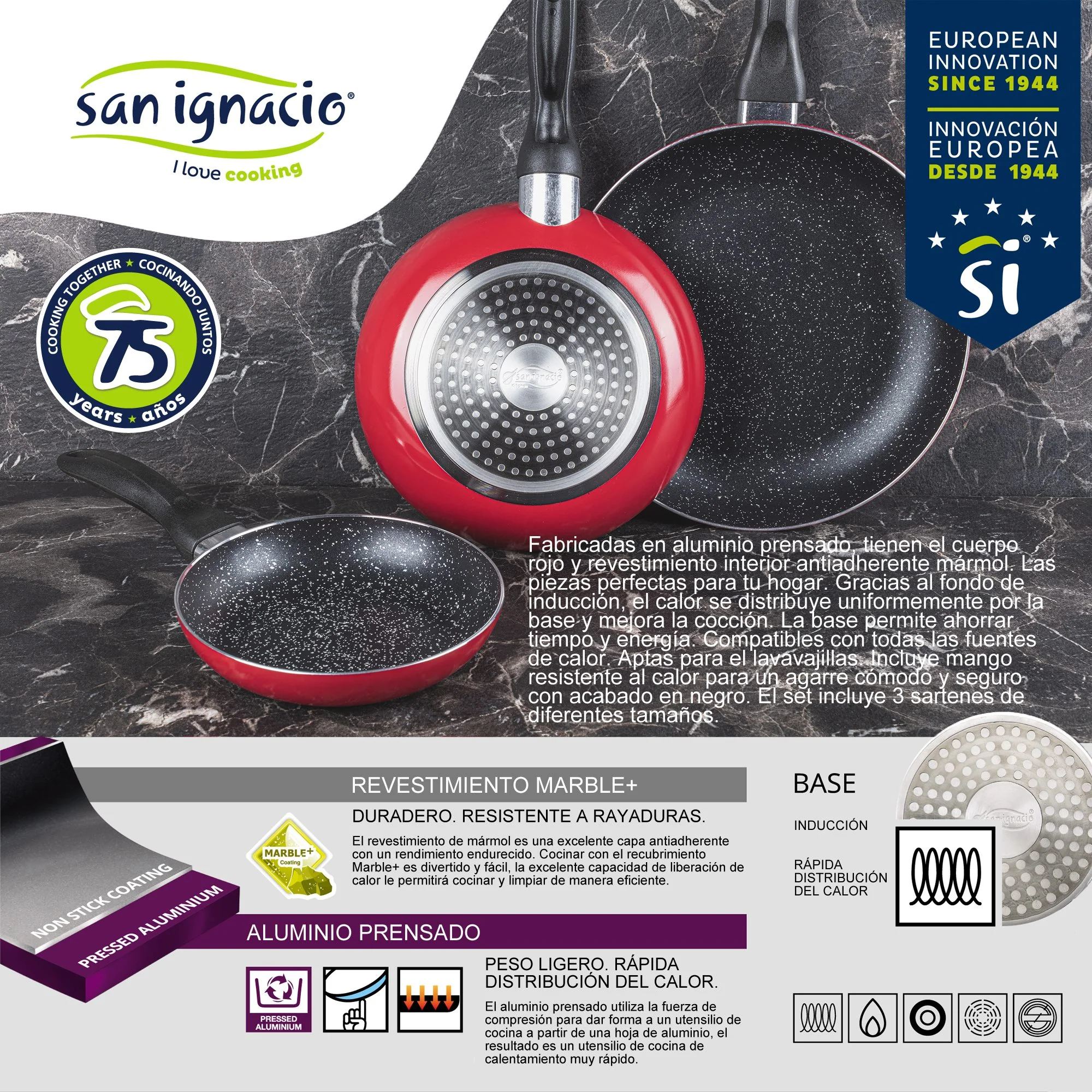 Set De 3 Sartenes san Ignacio Con Revestimiento En Mármol Ø16 Cm Ø20 Cm Ø24 Cm - Image 3