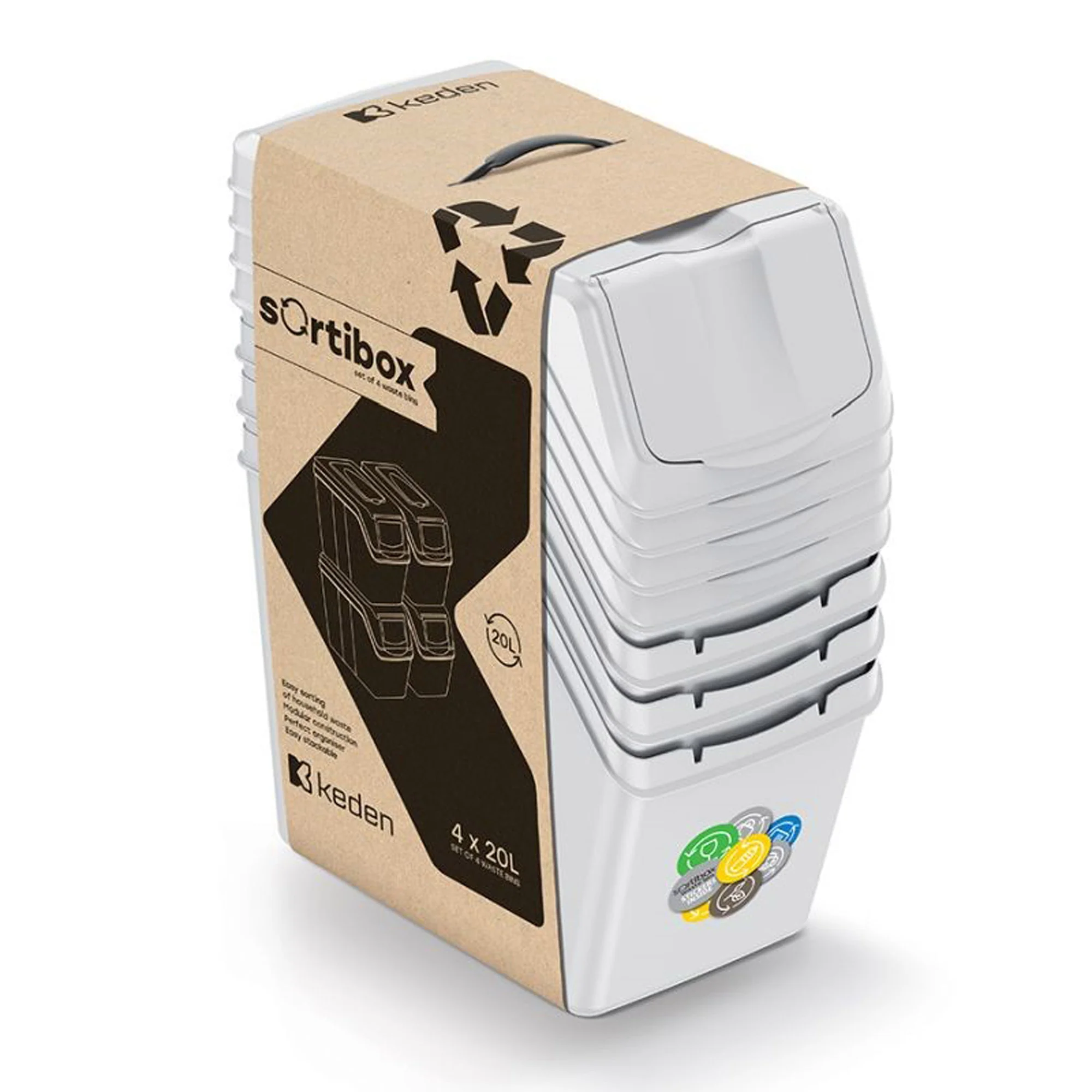 Set De 4 Cubos De Basura Keden Sortibox Para Reciclado, Blanco Roto, Volumen 4x20l - Image 3