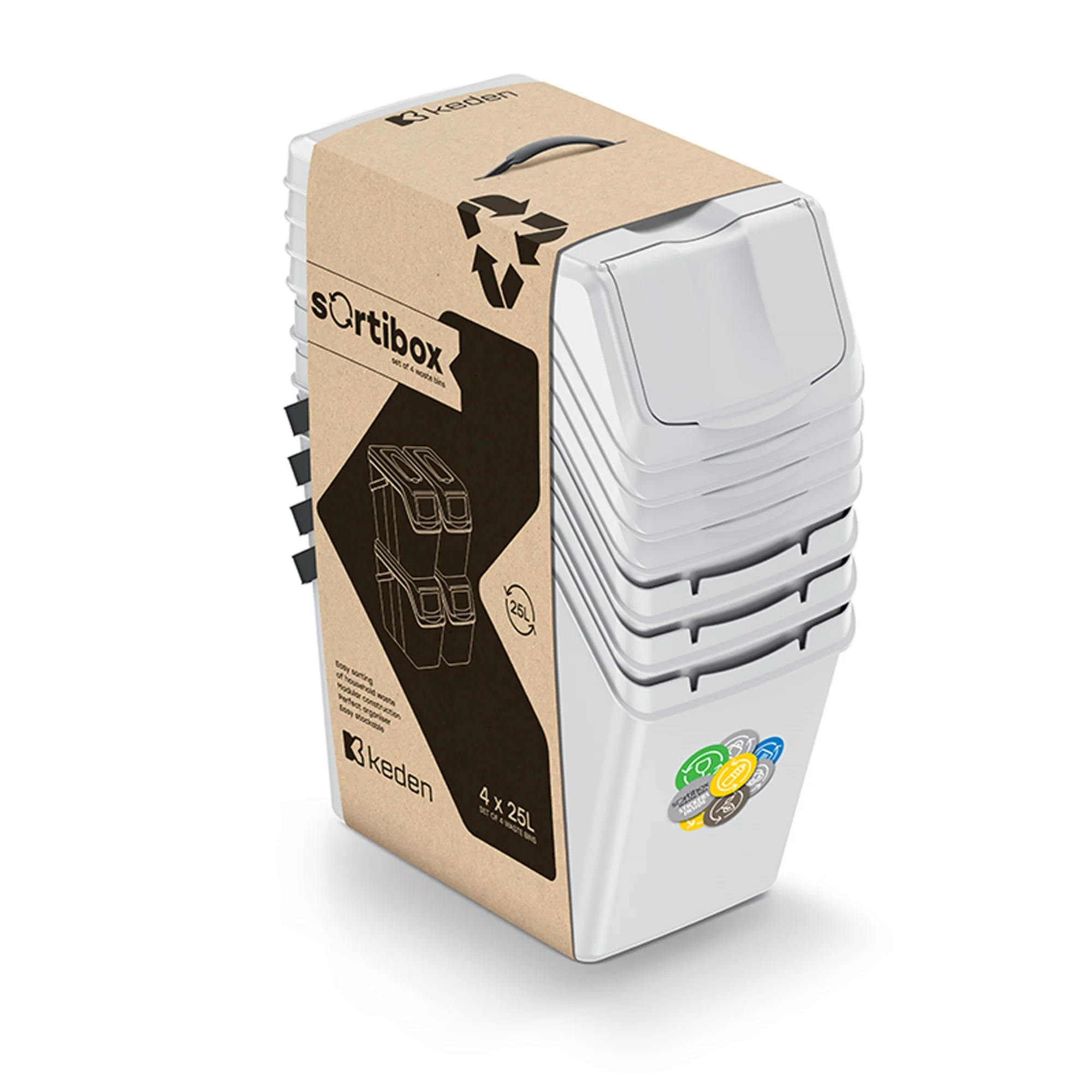 Set De 4 Cubos De Basura Keden Sortibox Para Reciclado, Blanco Roto, Volumen 4x25l - Image 3