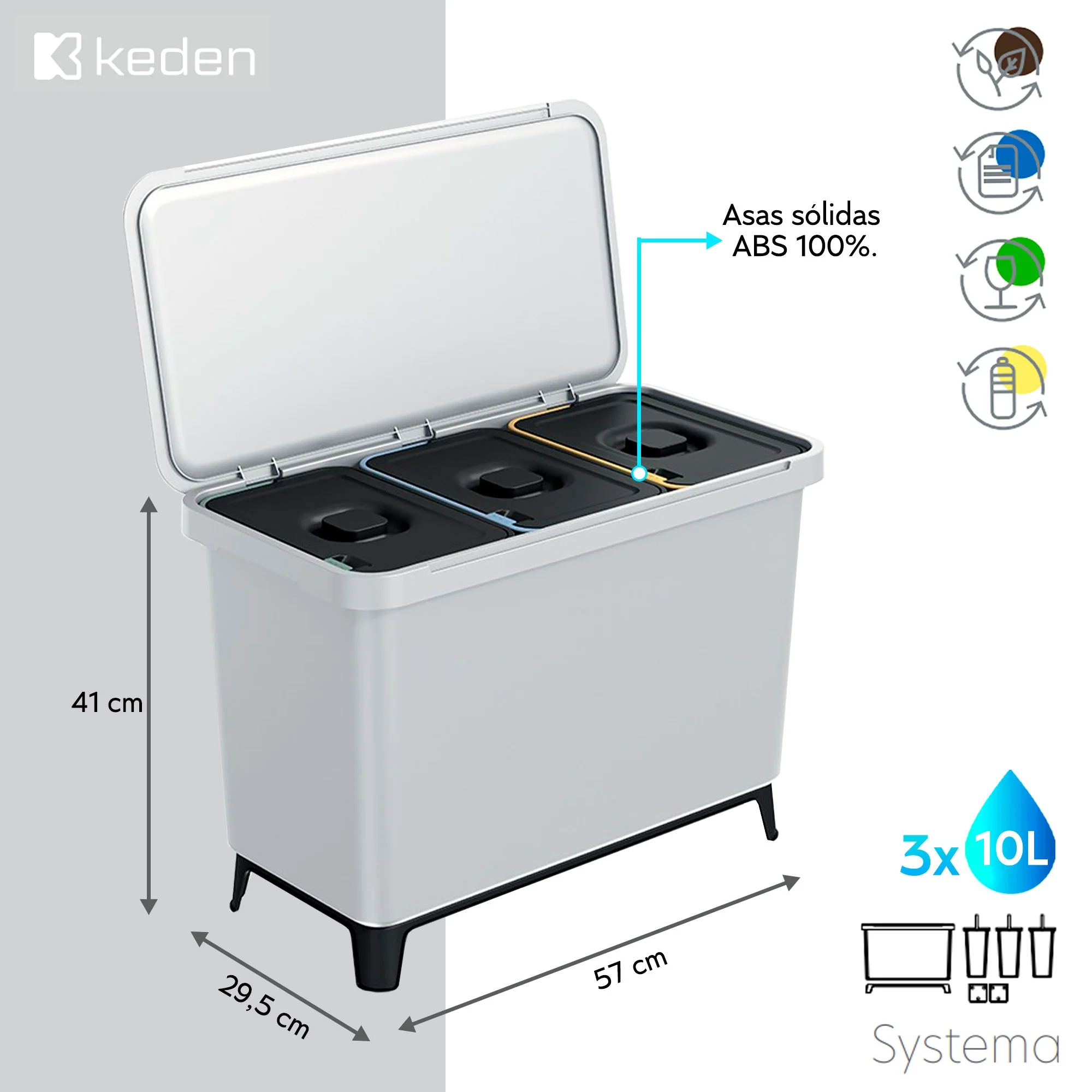 Sistema Clasificador De Reciclaje 3x10l Color Blanco Keden - Image 2