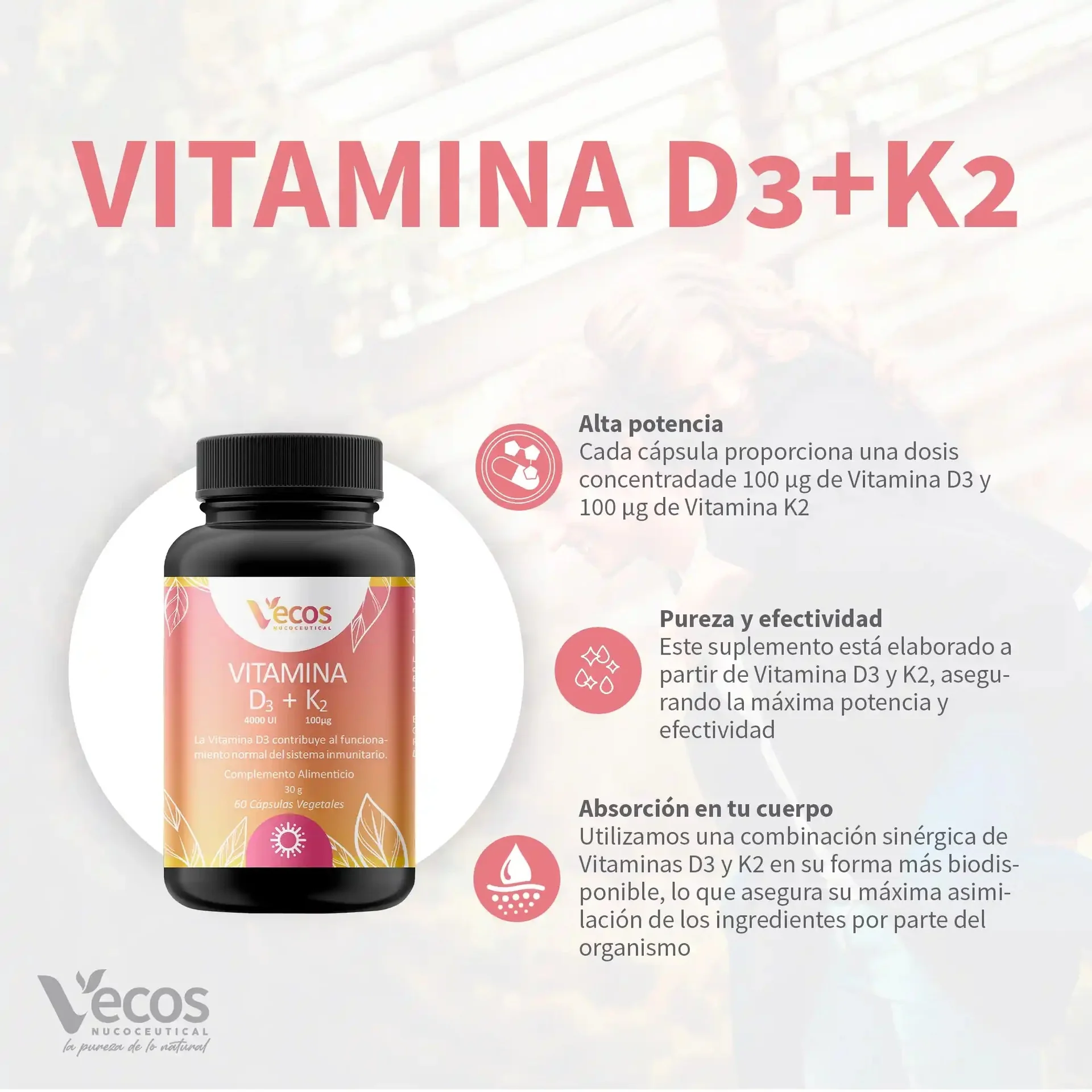 Vitamina D3 K2 Vecos 60 capsulas - Image 3