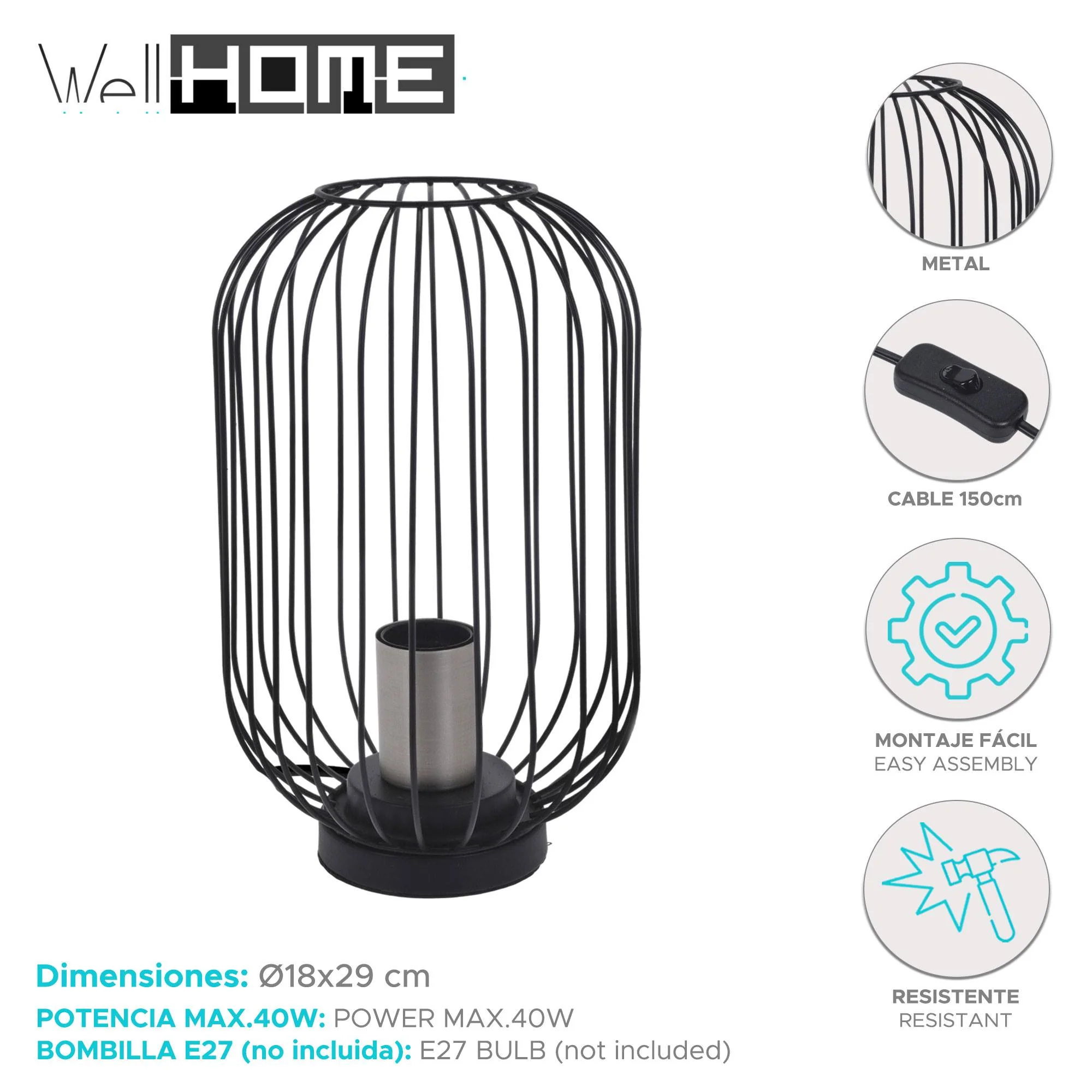 Well Home Lampara De Mesa Color Negro En Metal Ø18x29cm - Image 2