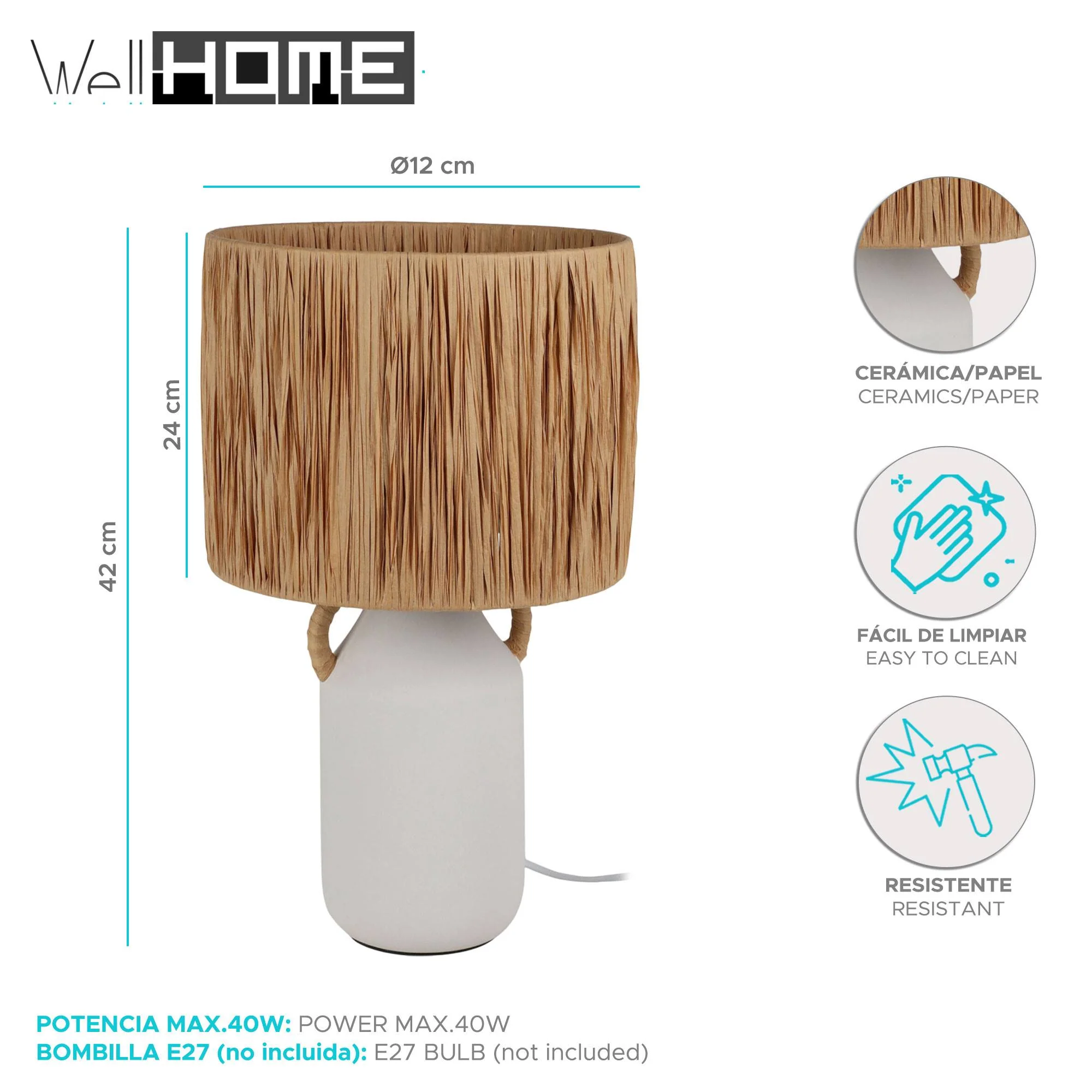 Well Home Lampara De Mesa En Ceramica 12x29cm - Image 2