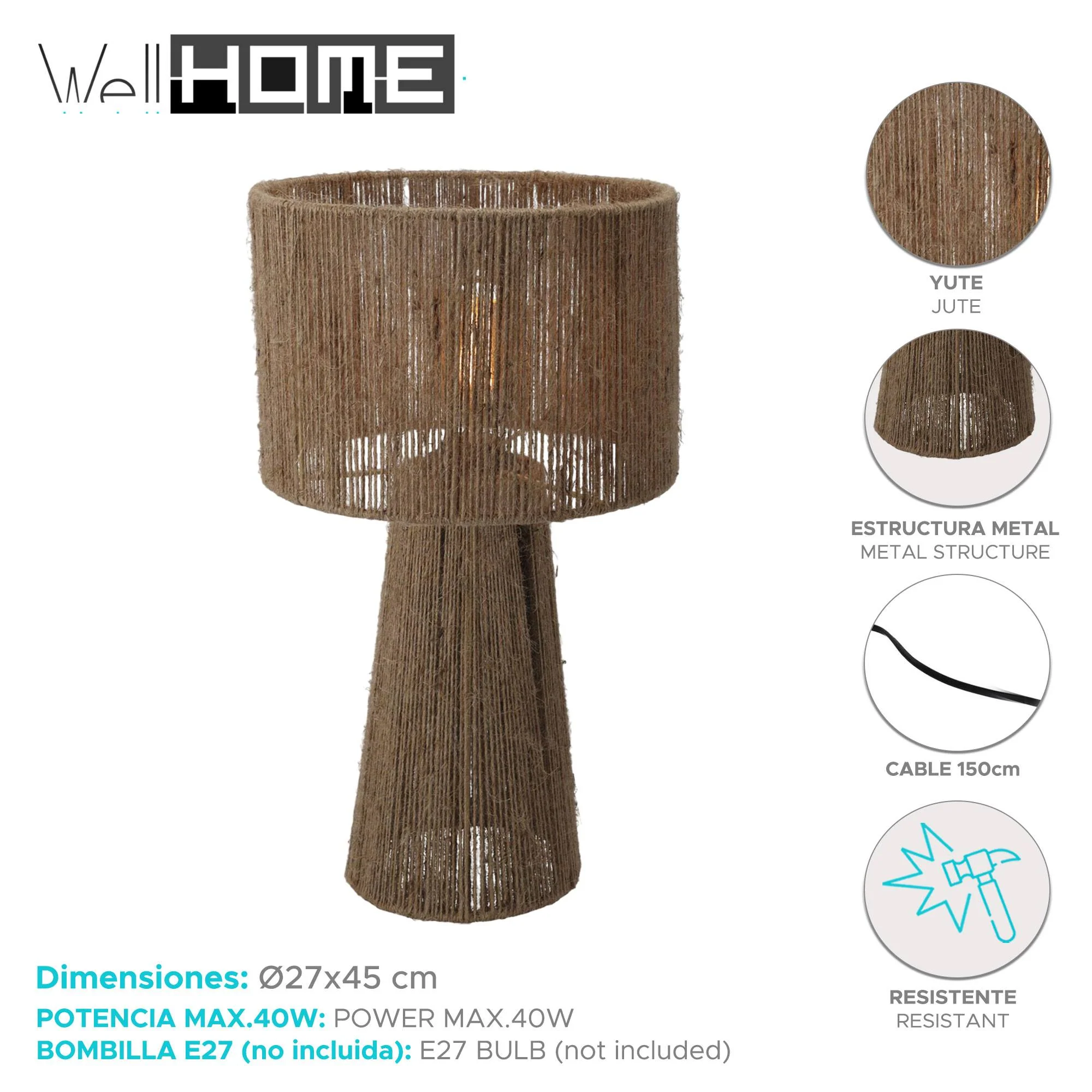Well Home Lámpara De Mesa En Yute Natural Ø27x45cm - Image 2