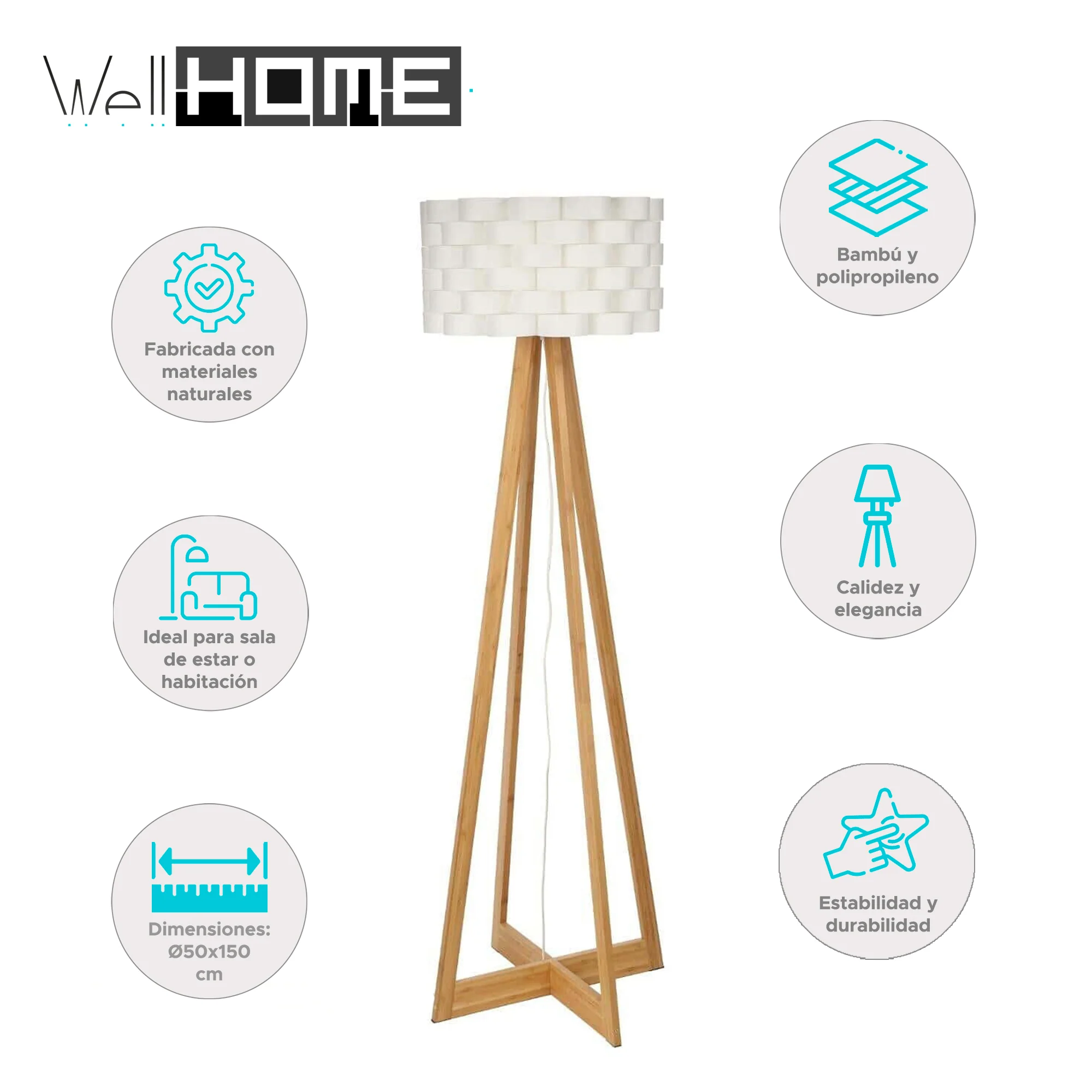 Well Home - Lámpara De Pie En Bambú Color Blanco Ø50x150cm - Image 2