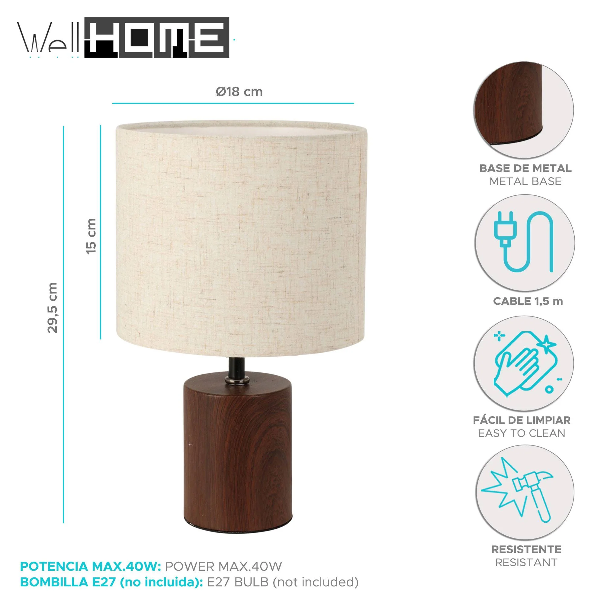 Well Home Lampara De Sobremesa Con Base Metálica Ø18x29,5cm - Image 2