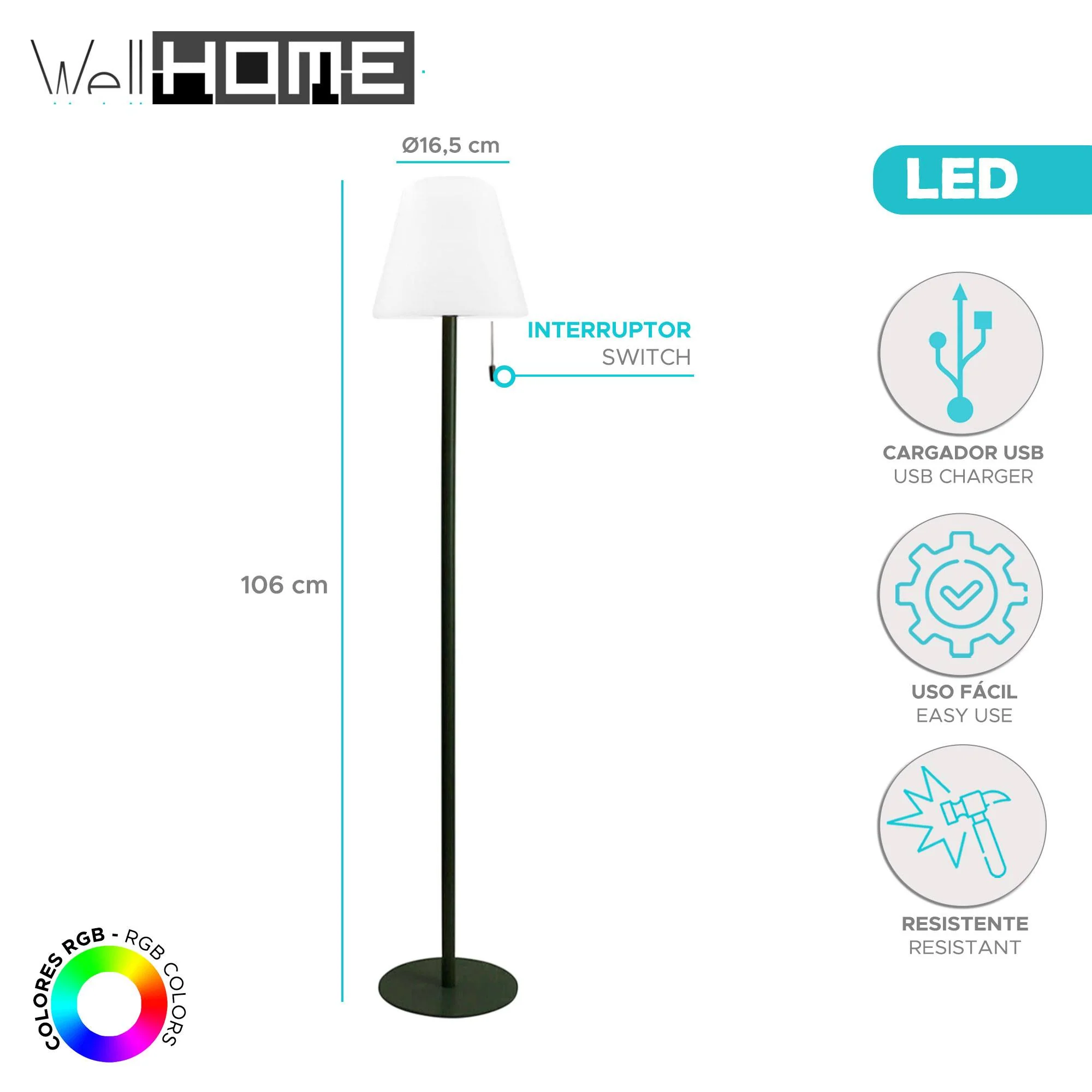 Well Home Lámpara Ø16,5x106cm Para Uso Exterior Recargable - Image 2