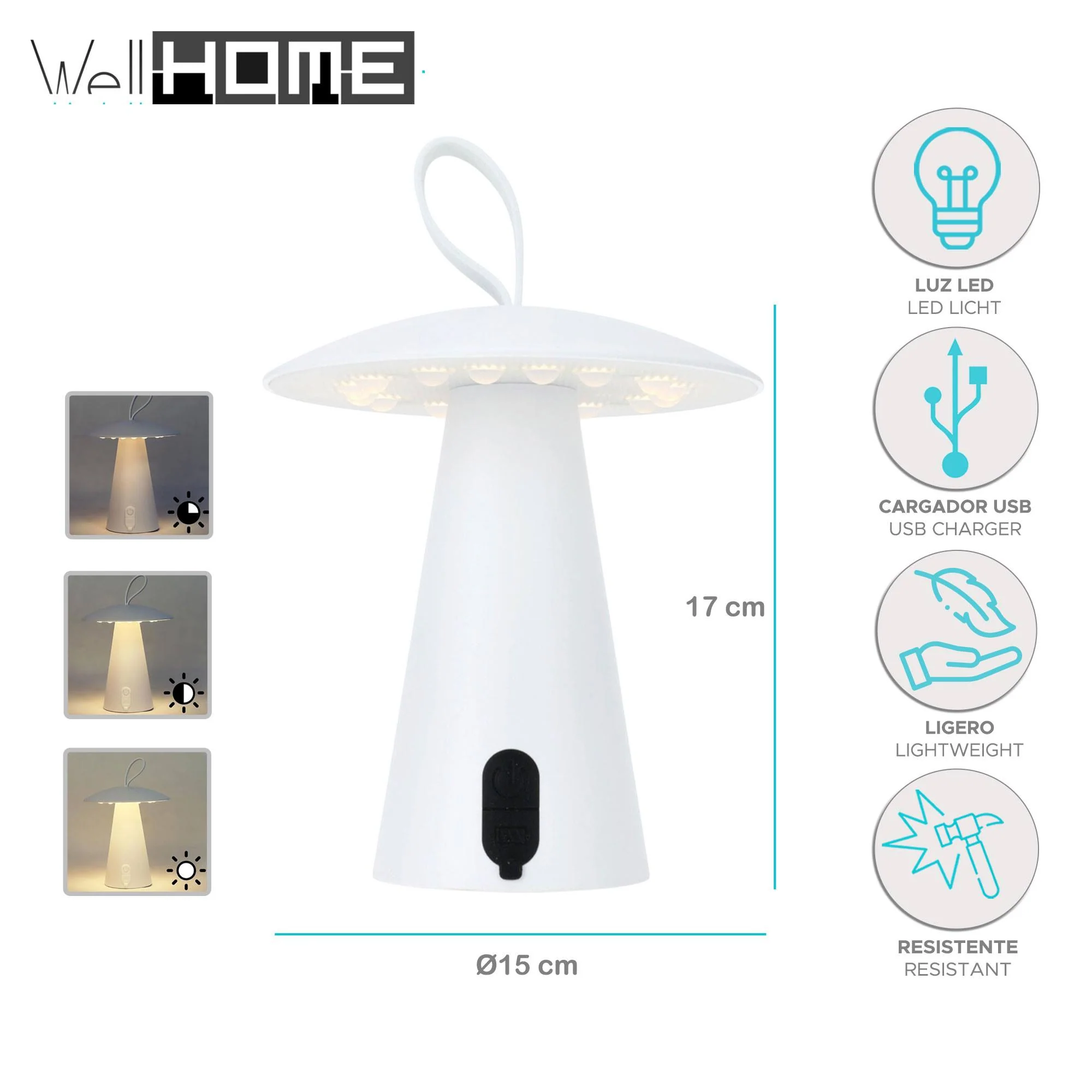 Well Home Lampara Sobremesa Recargable Blanca Ø15x17cm - Image 2