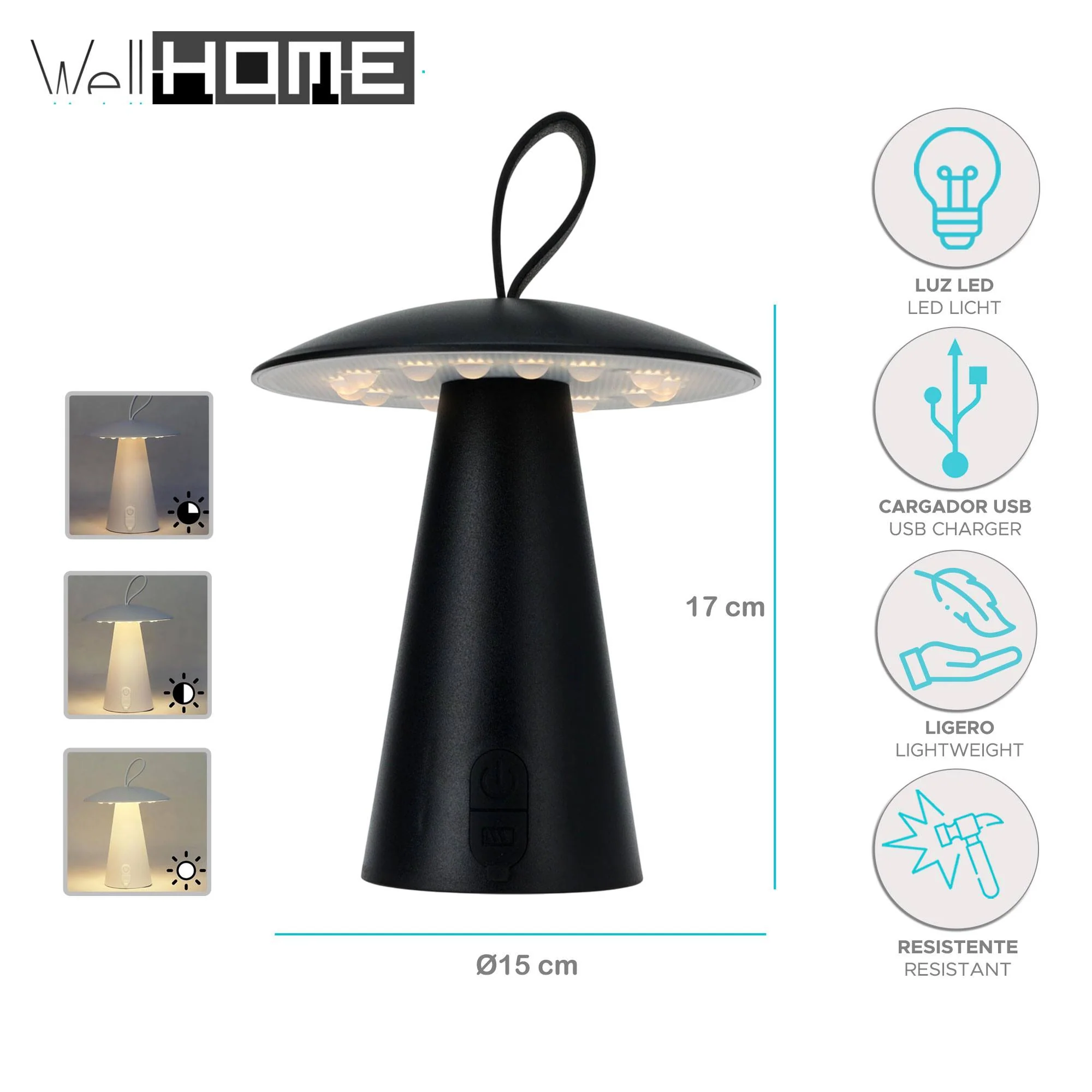 Well Home Lampara Sobremesa Recargable Negra Ø15x17cm - Image 2