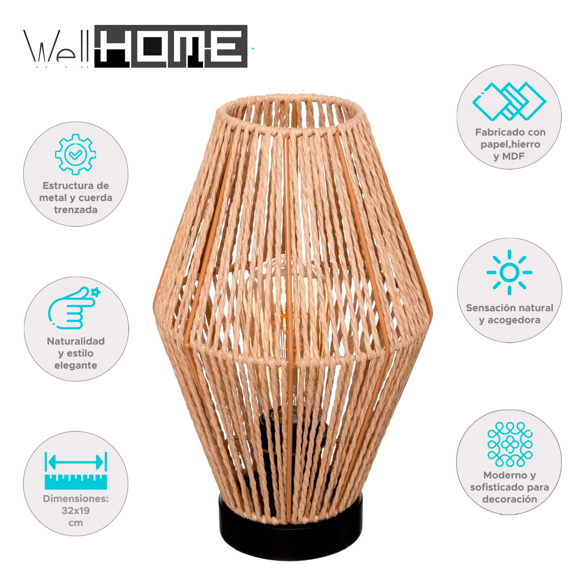 Wellhome Lámpara Sobremesa Aissa Nature Metal H.32cm - Image 2