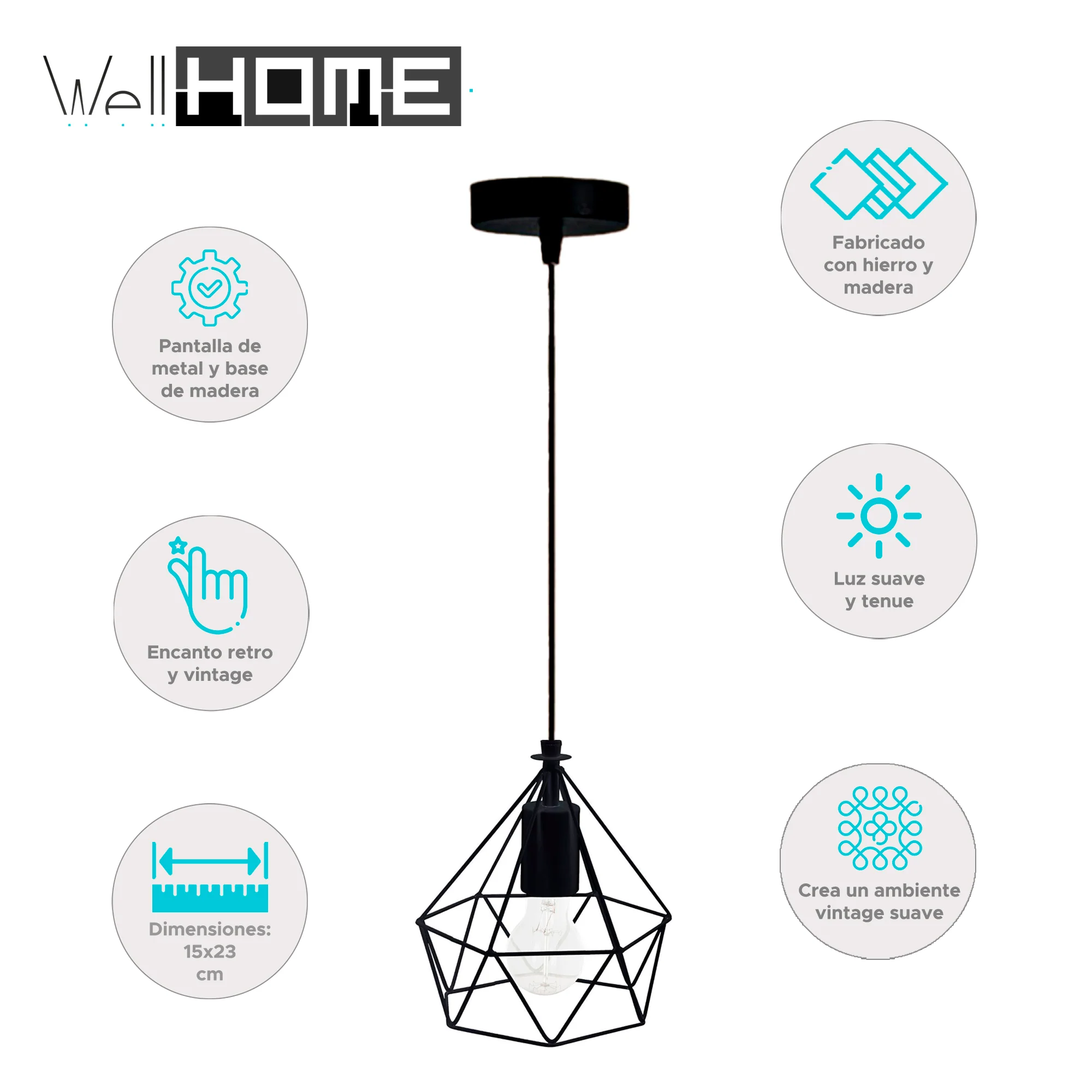 Wellhome Lámpara Suspensión Metálico Negro Ø19x22cm - Image 2