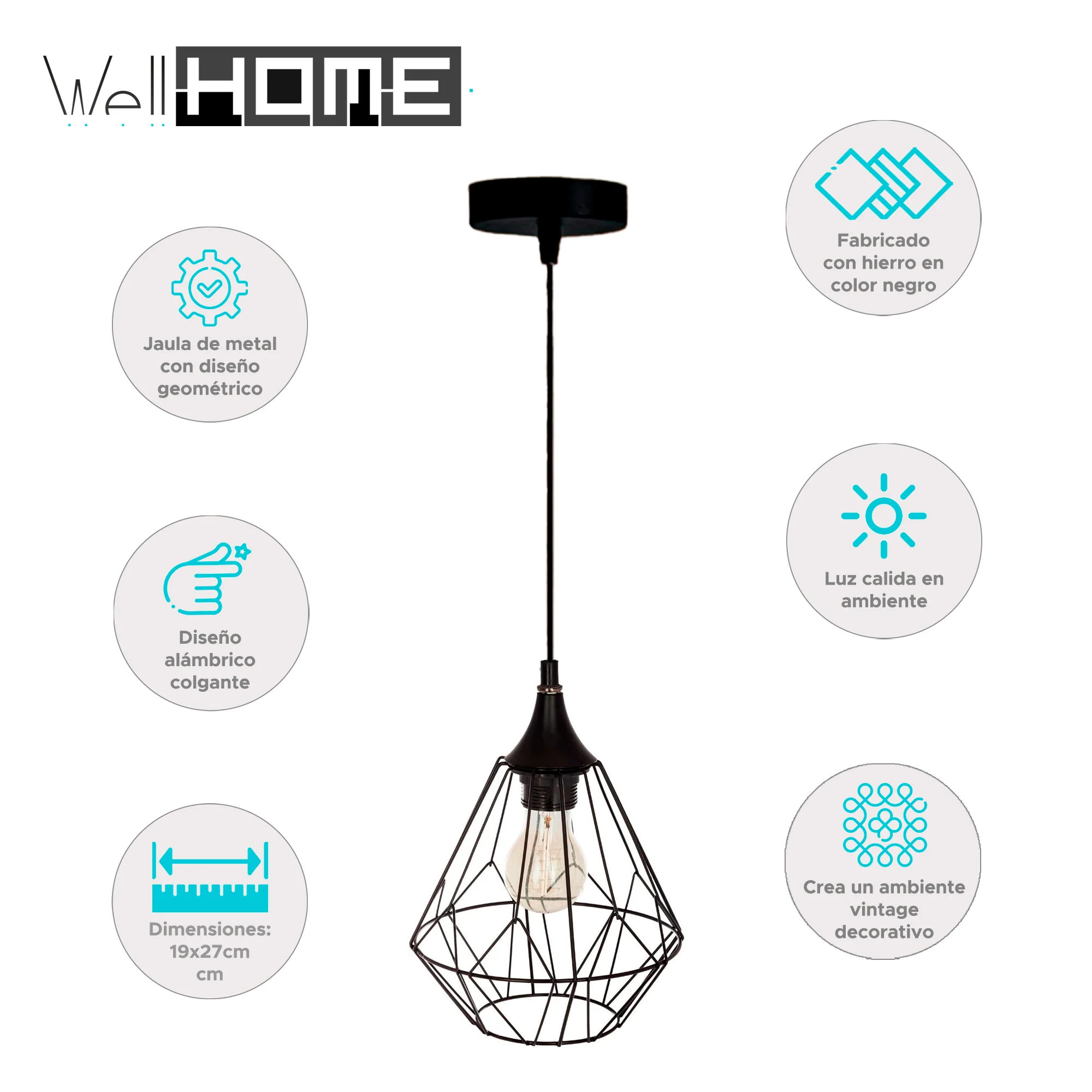Wellhome Lámpara Techo Suspensión Metálico Negro D.19 H.27cm - Image 2
