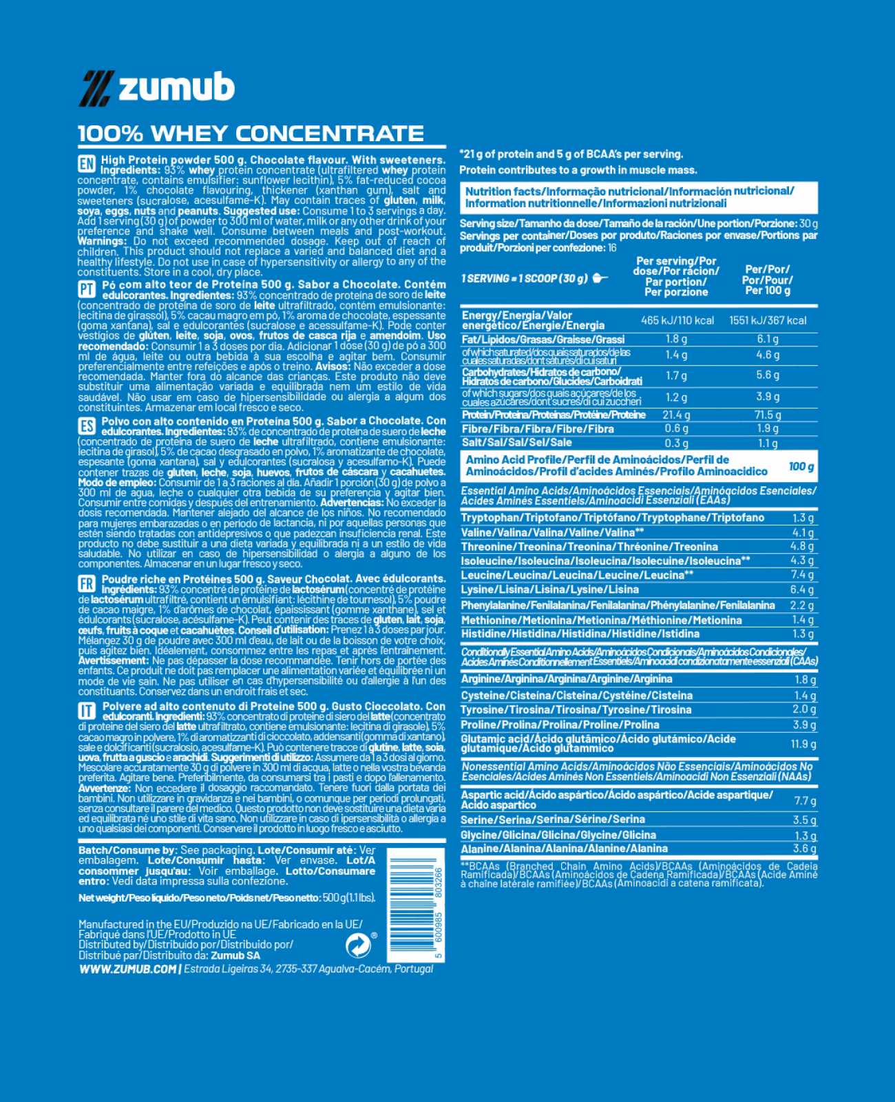 Zumub 100% Whey Concentrate 500 G - Chocolate - Image 2