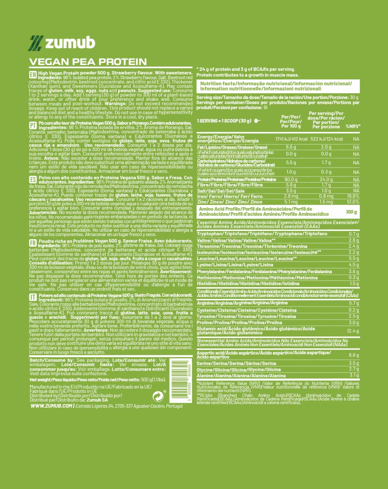 Zumub Vegan Protein (pea Protein) 500g - Fresa - Image 2